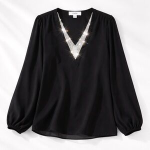 CeCe Rhinestone V Neck Blouse Large Black Sheer Sparkly Evening Top Dressy